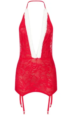 Red Lace Christmas Faux Fur Trim Slip Dress