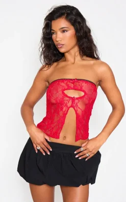 Red Lace Cut Out Front Split Hem Bandeau