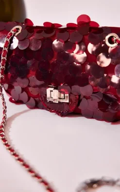 Red Large Sequin Flap Over Cross Body Shoulder Bag