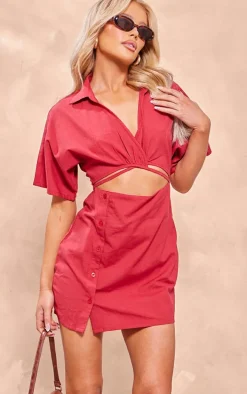 Red Linen Look Cut Out Waist Button Skirt Shirt Dress
