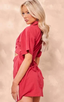 Red Linen Look Cut Out Waist Button Skirt Shirt Dress