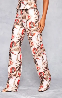Red Lips Print Stretch Woven Low Rise Cargo Pants