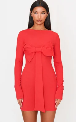 Red Long Sleeve Bow Detail Mini Dress