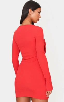 Red Long Sleeve Bow Detail Mini Dress