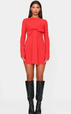 Red Long Sleeve Bow Detail Mini Dress