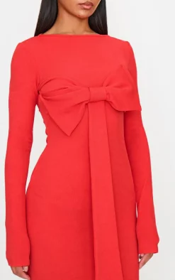 Red Long Sleeve Bow Detail Mini Dress