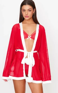 Red Mesh Christmas Pom Pom Robe