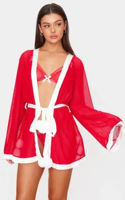 Red Mesh Christmas Pom Pom Robe