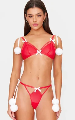Red Mesh Christmas Pom Pom Lingerie Set