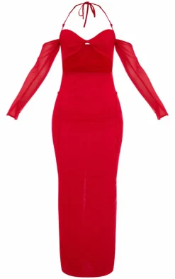 Red Mesh Cut Out Twist Detail Maxi Dress
