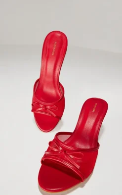 Red Mesh Round Toe Bow Strap Mid Heeled Mules