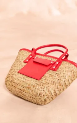 Red Mini Pu Trim Straw Tote Bag