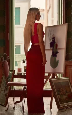 Red Ombre Printed Slinky Ring Detail Extreme Maxi Dress