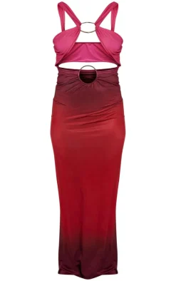 Red Ombre Printed Slinky Ring Detail Extreme Maxi Dress