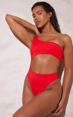Red One Shoulder Cut Out Swimsuit