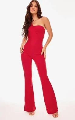 Red One Shoulder Drape Detailed Jumpsuit