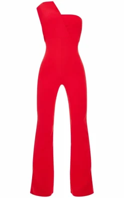Red One Shoulder Drape Detailed Jumpsuit