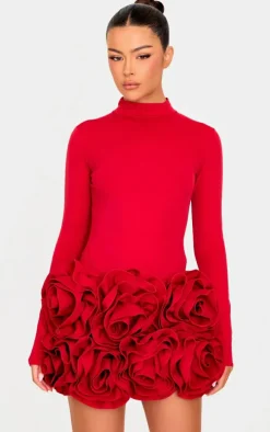 Red Oversized Rose Detail Mini Skirt