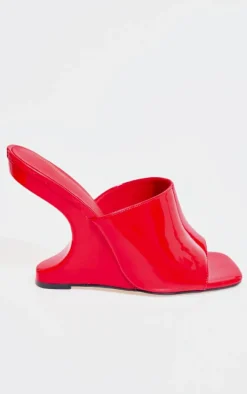 Red Patent Pu Cut Out Heeled Mule Wedges