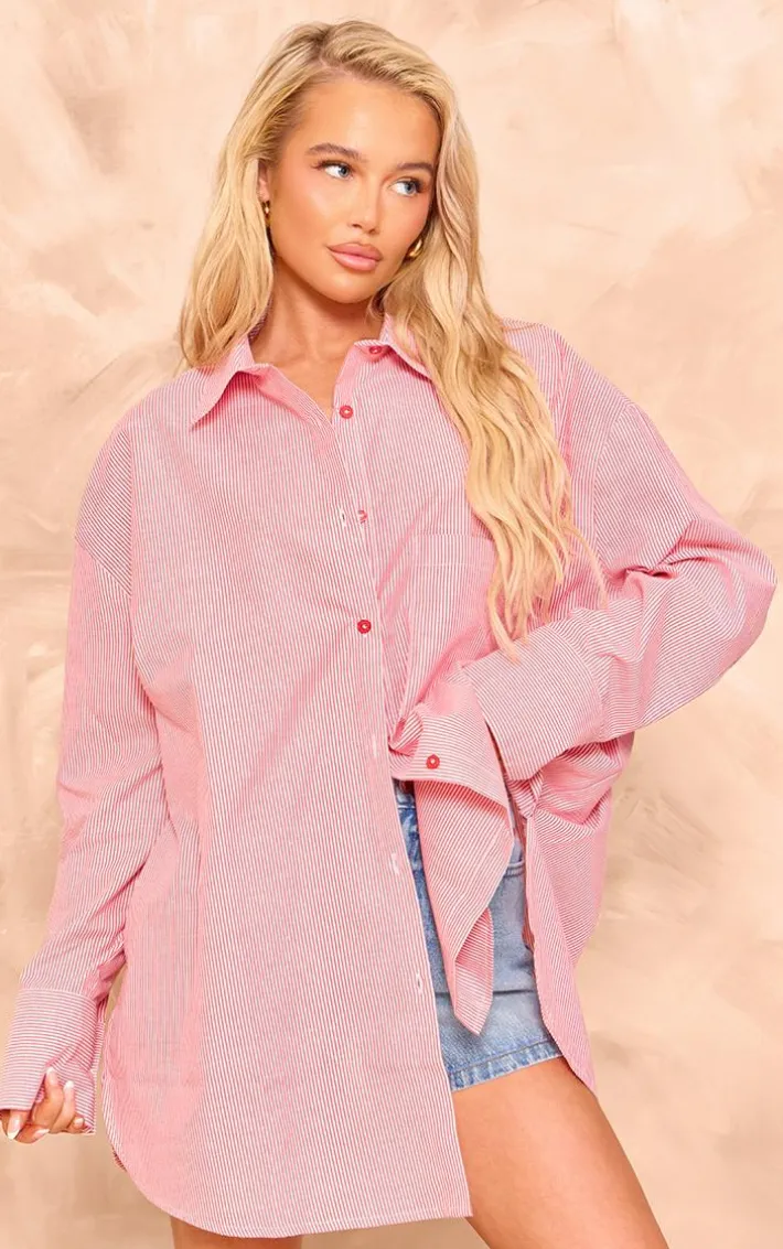 Red Pinstripe Oversized Cotton Poplin Shirt