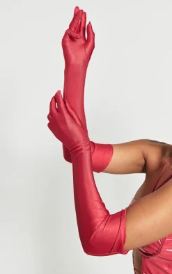 Red Plain Satin Long Gloves