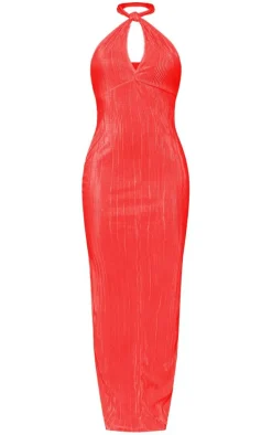 Red Plisse Knot Halterneck Maxi Dress