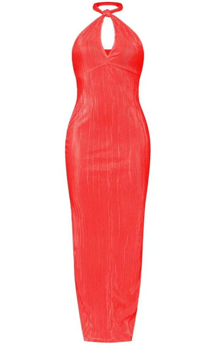 Red Plisse Knot Halterneck Maxi Dress