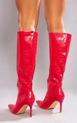 Red PU Croc Point Toe Stiletto Heeled Knee High Boots