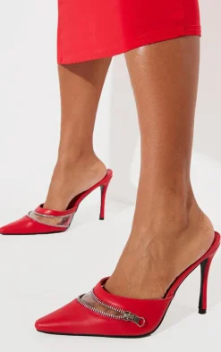 Red PU Point Toe Vinyl High Stiletto Heeled Mules