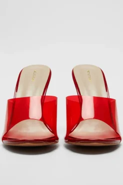 Red Pu Round Toe Perspex Strap Heeled Wedges