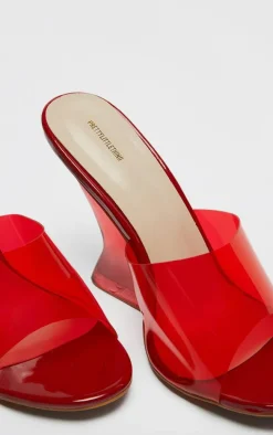 Red Pu Round Toe Perspex Strap Heeled Wedges