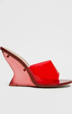 Red Pu Round Toe Perspex Strap Heeled Wedges