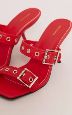 Red Pu Square Toe Double Buckle Mid Heeled Mules