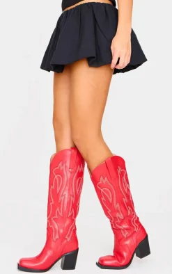 Red PU Square Toe Stitch Detail Knee High Block Heel Western Boots