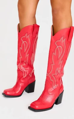 Red PU Square Toe Stitch Detail Knee High Block Heel Western Boots