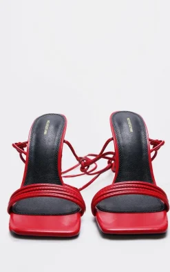 Red PU Square Toe Strappy Lace Up Mid Heeled Sandals