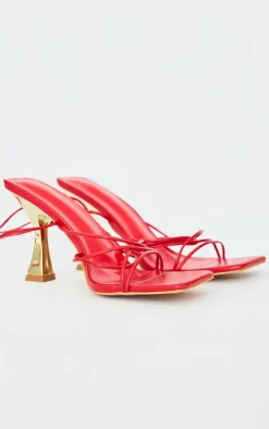 Red Pu Square Toe Strappy Lace Up Heeled Sandals