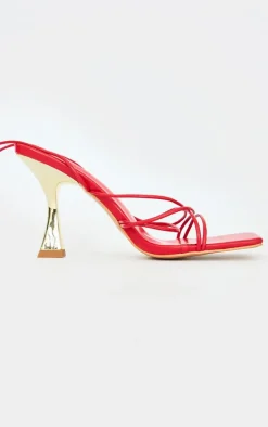 Red Pu Square Toe Strappy Lace Up Heeled Sandals