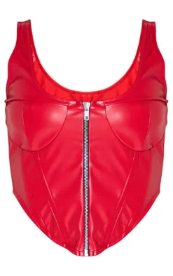 Red PU Under Bust Detail Zip Up Front Boned Corset