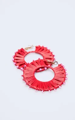 Red Raffia Beaded Hoop Earrings