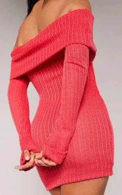 Red Rib Fold Over Bardot Bodycon Dress