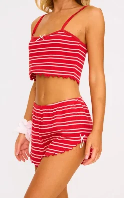 Red Ribbed Stripe Lettuce Hem Cami And Short PJ Set
