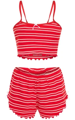 Red Ribbed Stripe Lettuce Hem Cami And Short PJ Set
