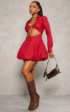 Red Ruched Cut Out Detail Puffball Dress