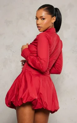 Red Ruched Cut Out Detail Puffball Dress