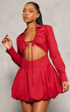 Red Ruched Cut Out Detail Puffball Dress