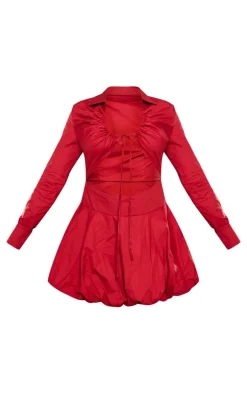 Red Ruched Cut Out Detail Puffball Dress