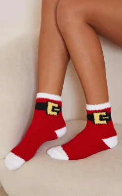 Red Santa Belt Fluffy Sleep Socks