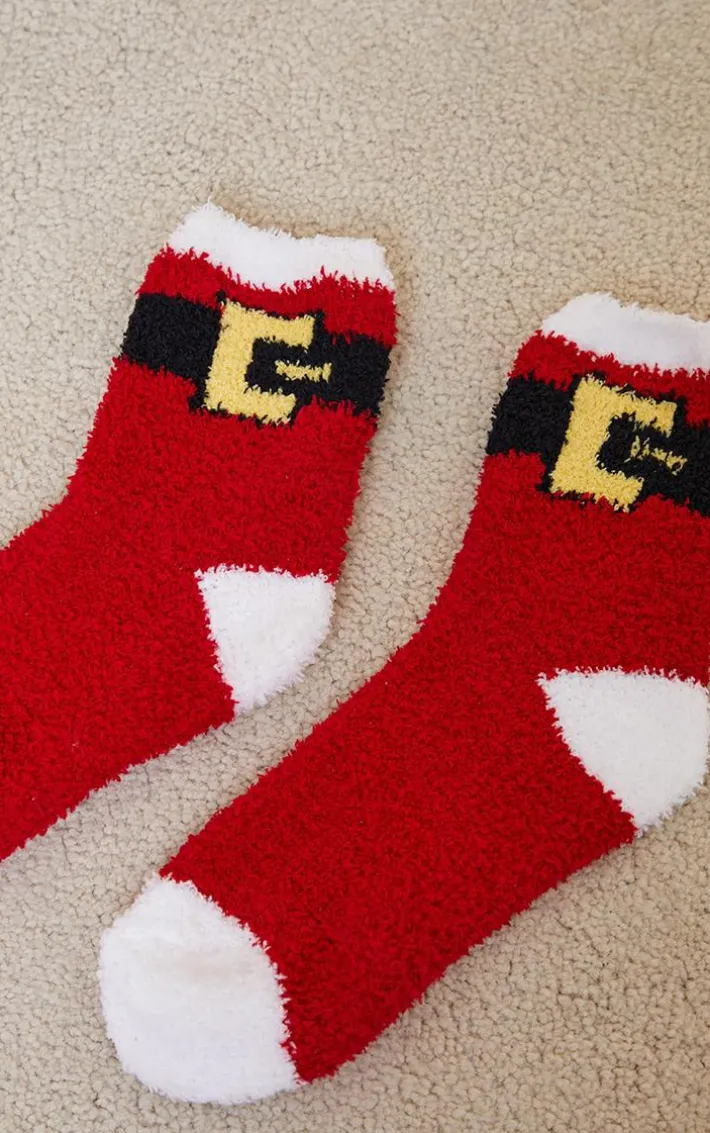Red Santa Belt Fluffy Sleep Socks