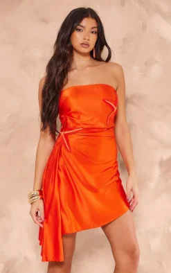 Red Satin Bandeau Embroidered Shift Dress